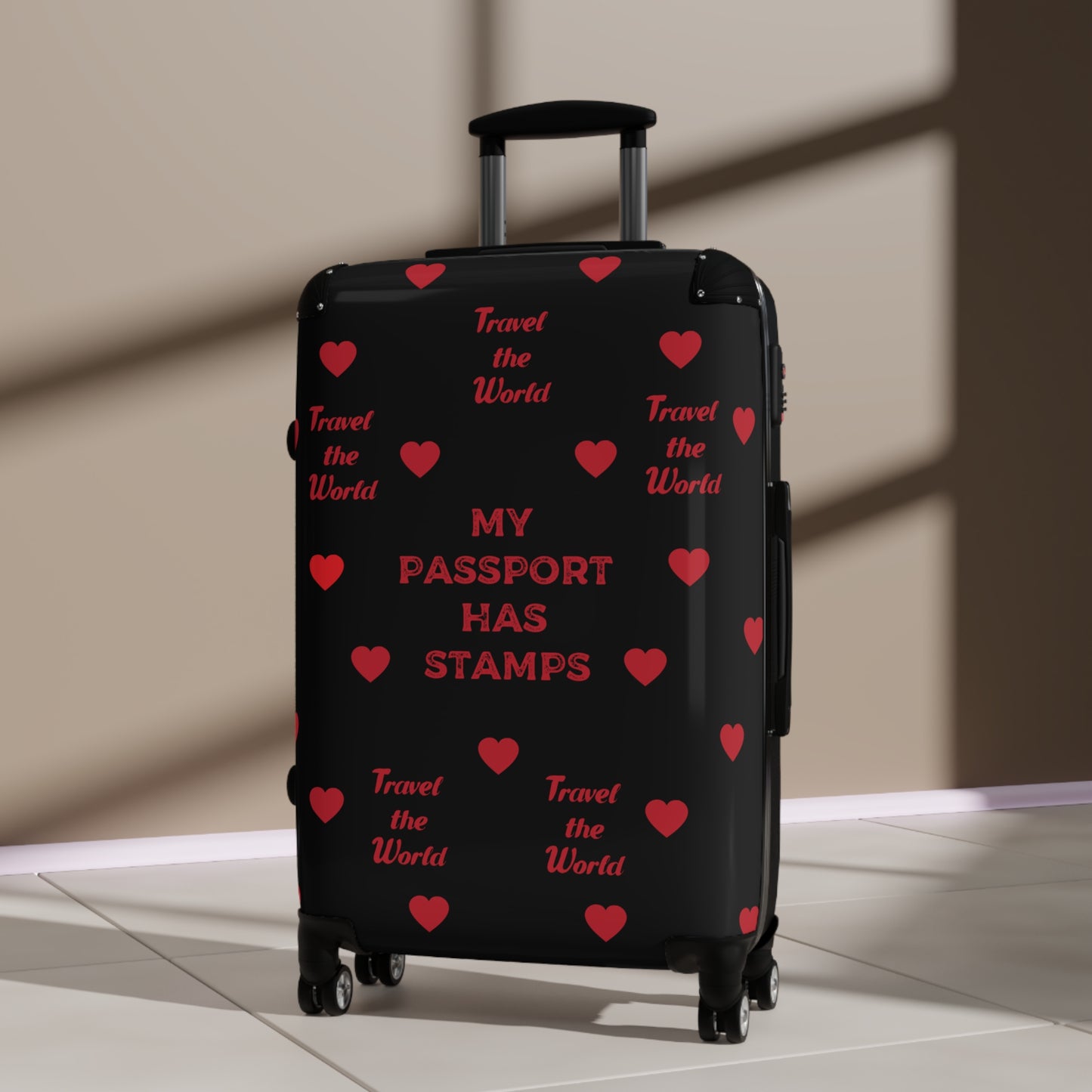 Travel Themed Suitcase with Heart Design BLACK - 'My Passport Has Stamps, TRAVEL THE WORLD'