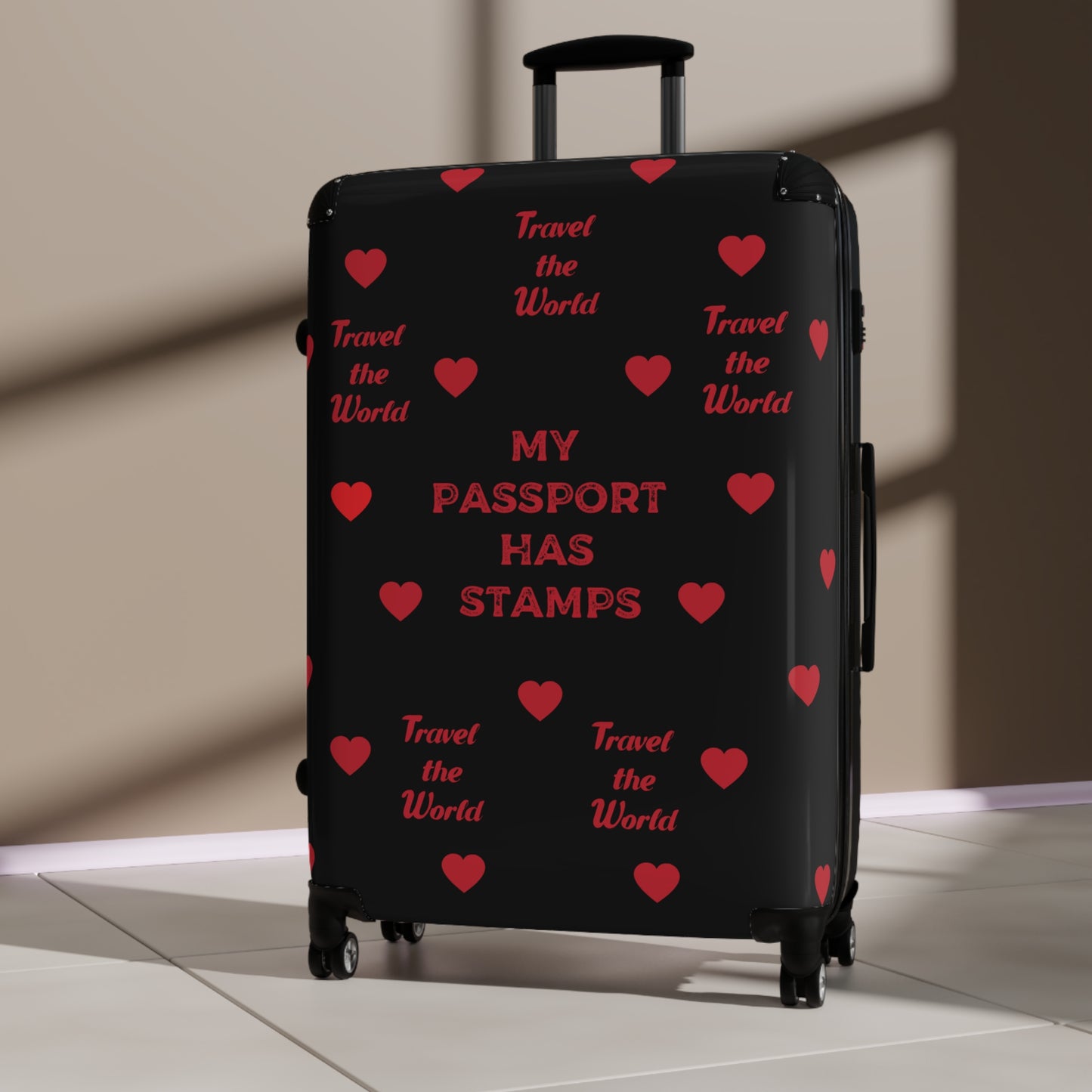 Travel Themed Suitcase with Heart Design BLACK - 'My Passport Has Stamps, TRAVEL THE WORLD'
