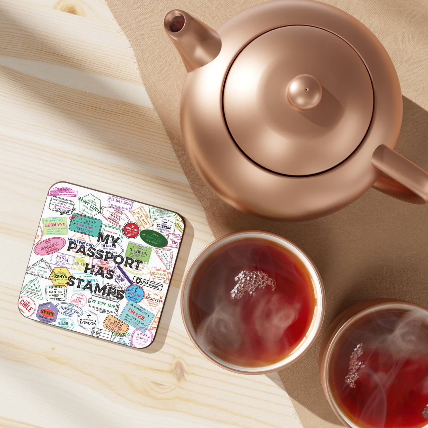 Travel-Themed Hardboard Coaster - "My Passport Has Stamps"