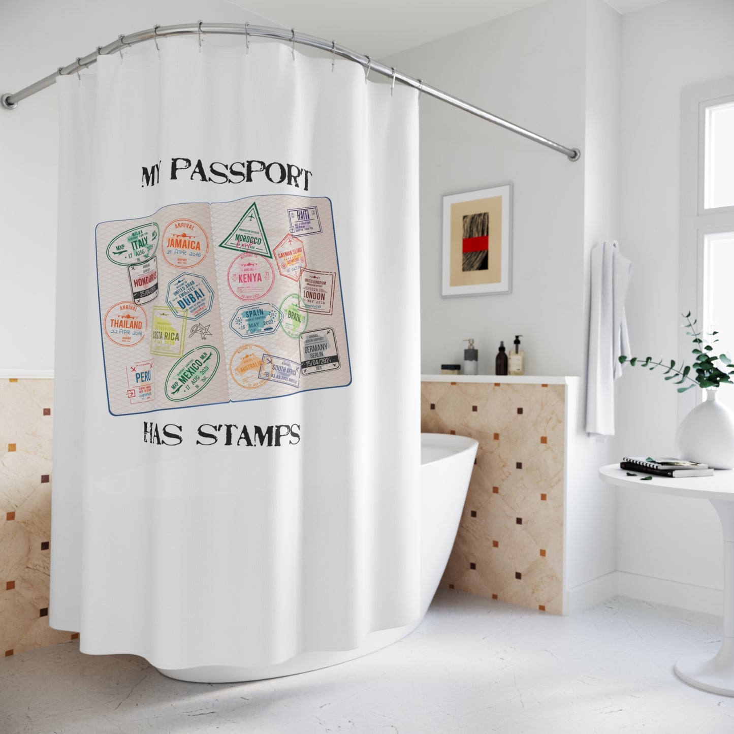 Travel-Themed Shower Curtain - 'My Passport Has Stamps' Design
