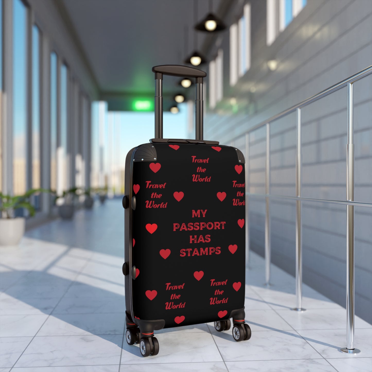 Travel Themed Suitcase with Heart Design BLACK - 'My Passport Has Stamps, TRAVEL THE WORLD'