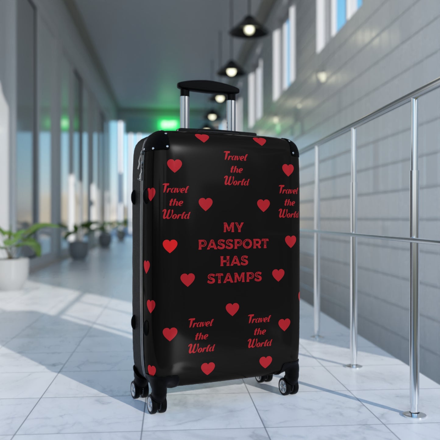 Travel Themed Suitcase with Heart Design BLACK - 'My Passport Has Stamps, TRAVEL THE WORLD'