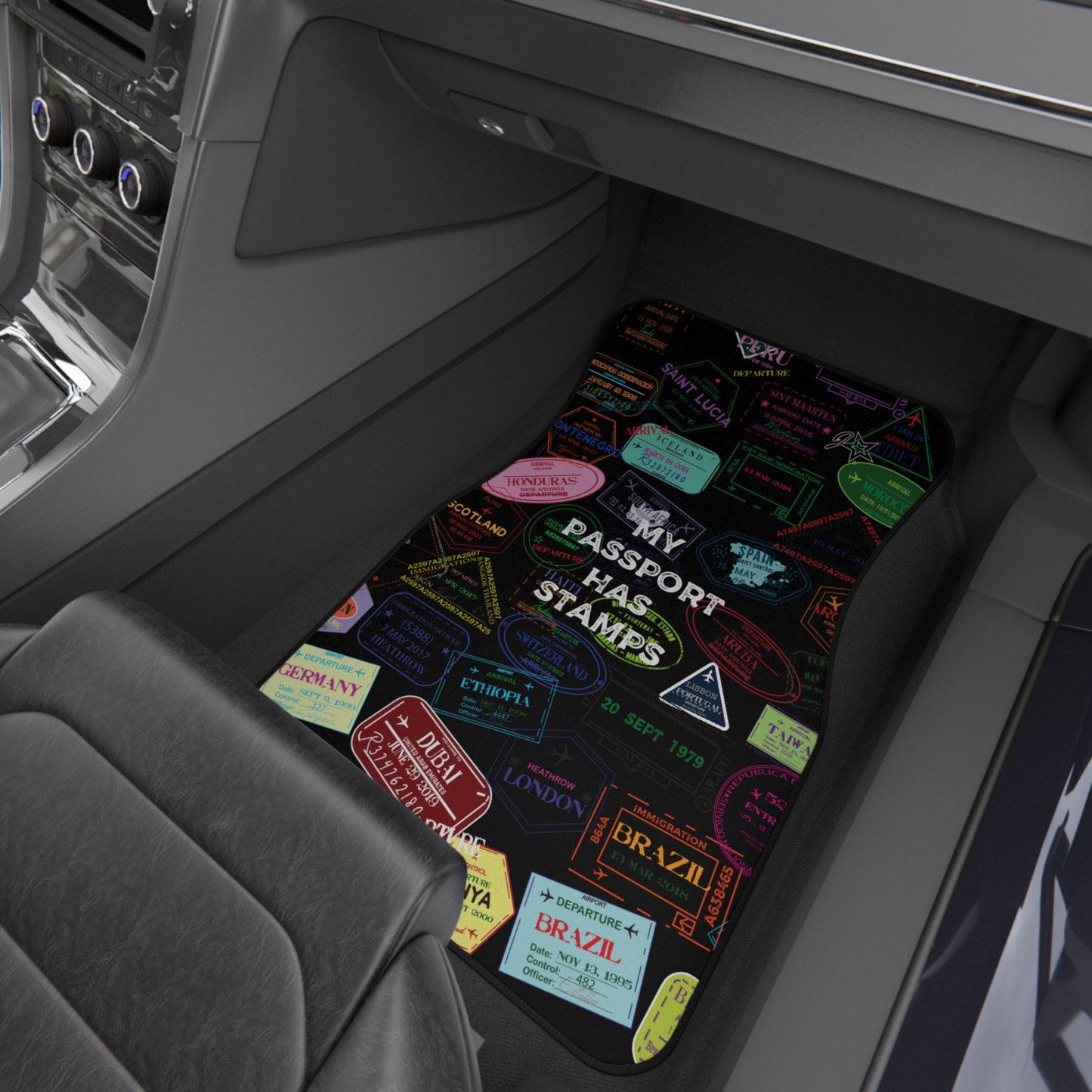 Travel-Themed Car Mats with "Passport Stamp Design"