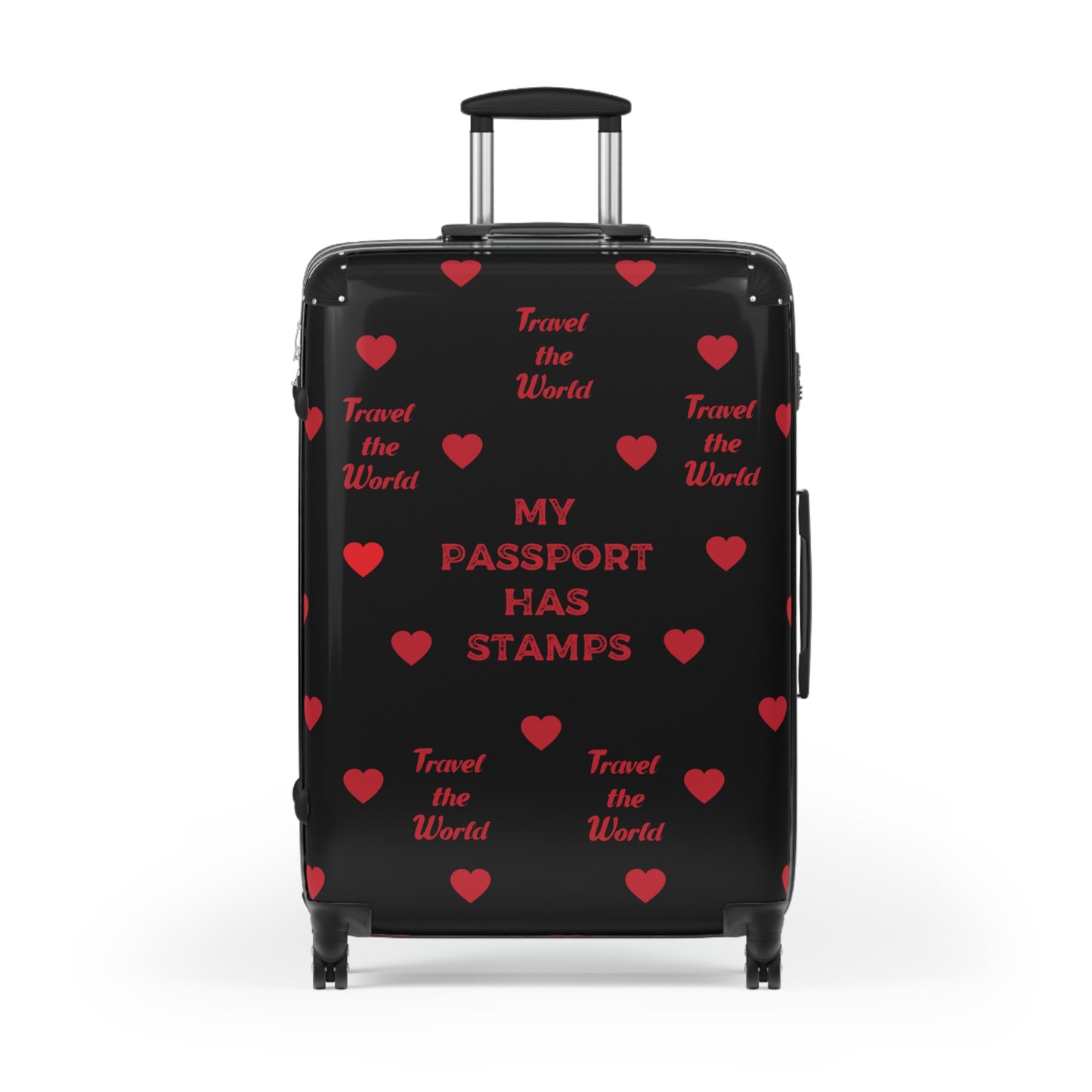 Travel Themed Suitcase with Heart Design BLACK - 'My Passport Has Stamps, TRAVEL THE WORLD'
