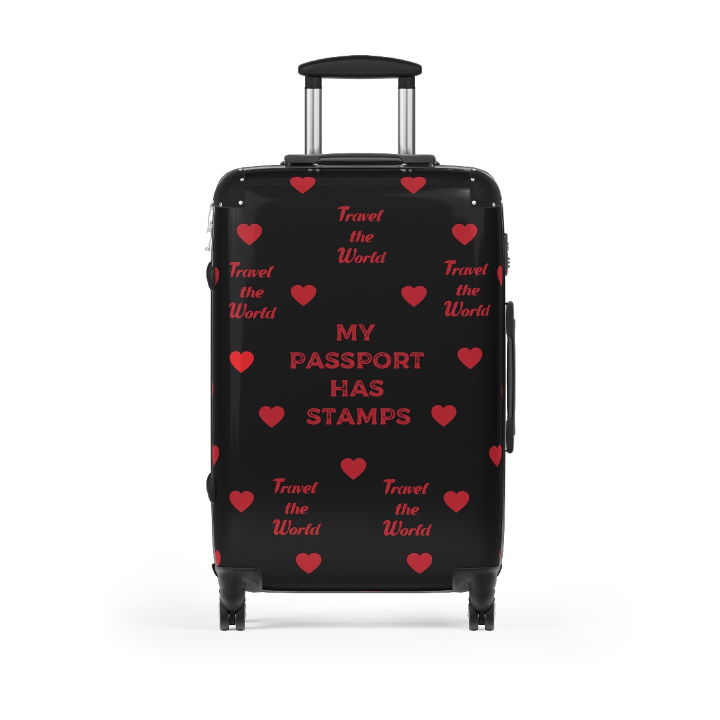 Travel Themed Suitcase with Heart Design BLACK - 'My Passport Has Stamps, TRAVEL THE WORLD'