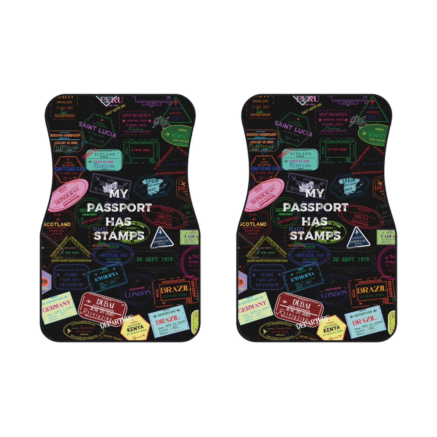 Travel-Themed Car Mats with "Passport Stamp Design"