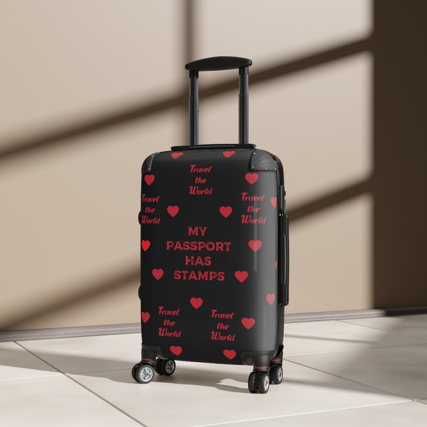 Travel Themed Suitcase with Heart Design BLACK - 'My Passport Has Stamps, TRAVEL THE WORLD'