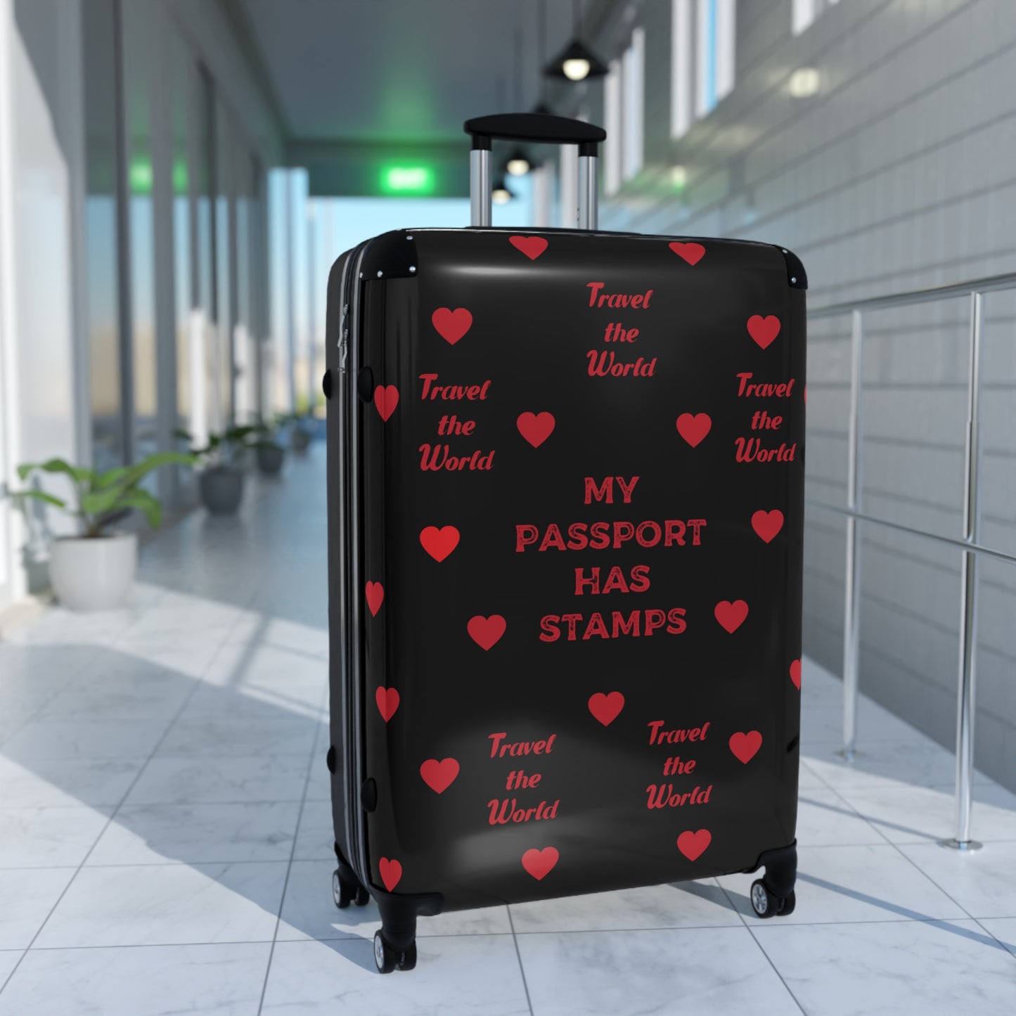 Travel Themed Suitcase with Heart Design BLACK - 'My Passport Has Stamps, TRAVEL THE WORLD'