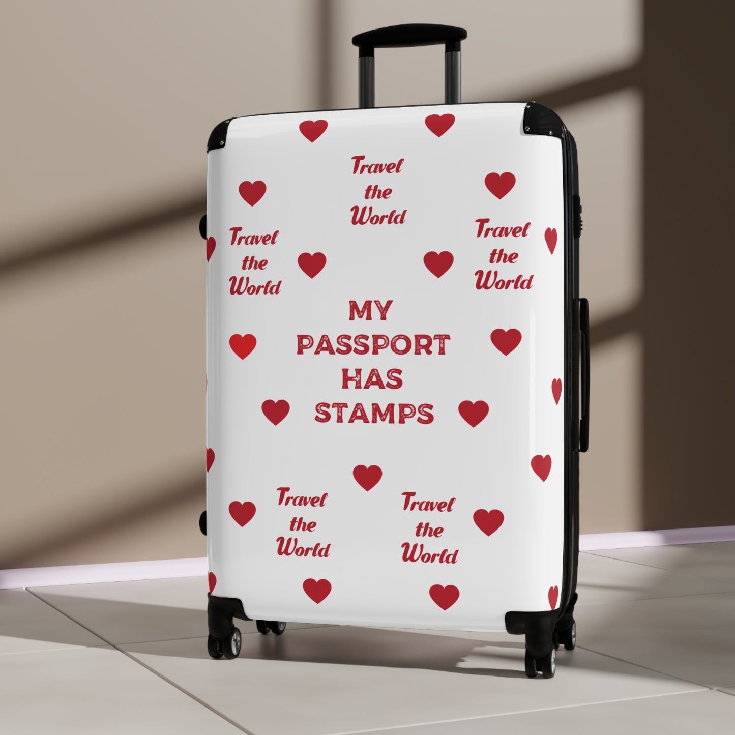 Travel Themed Suitcase with Heart Design in WHITE - 'My Passport Has Stamps'