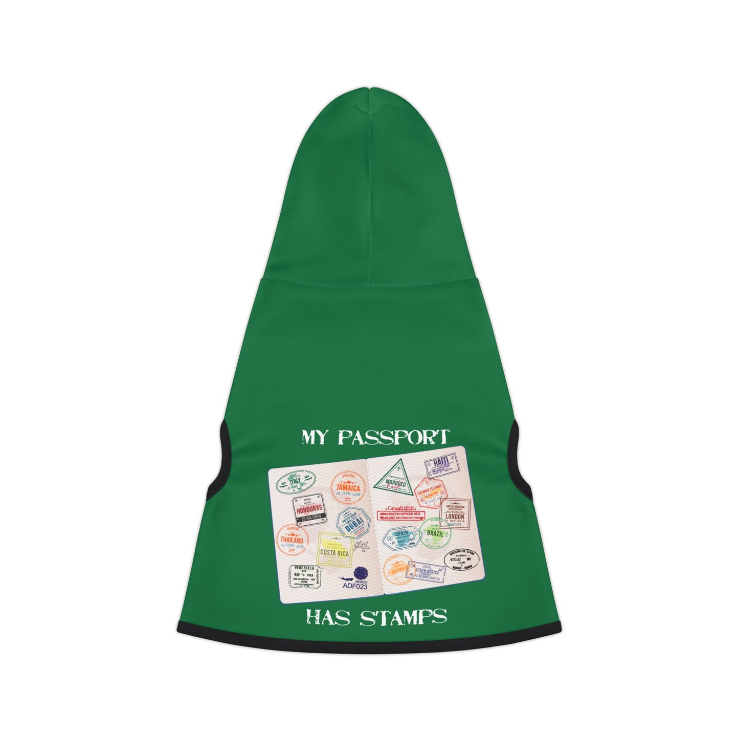 Travel-Themed Pet Hoodie GREEN - 'My Passport Has Stamps'