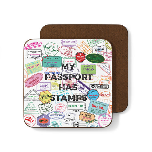 Travel-Themed Hardboard Coaster - "My Passport Has Stamps"