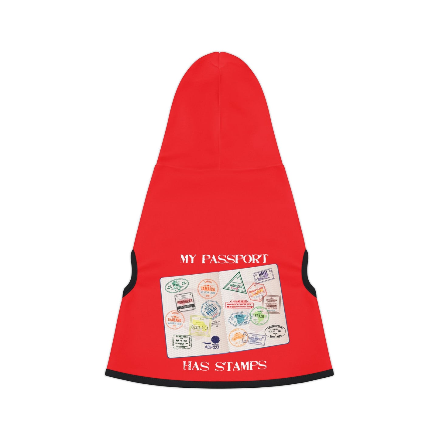 Travel-Themed Pet Hoodie RED - 'My Passport Has Stamps'