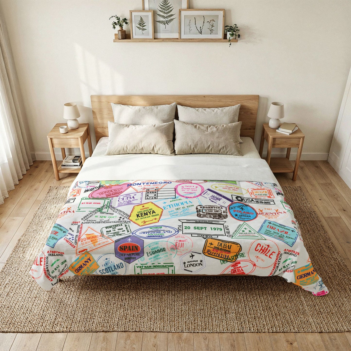 Passport Stamp Pattern Comforter | Travel Collage Bedding