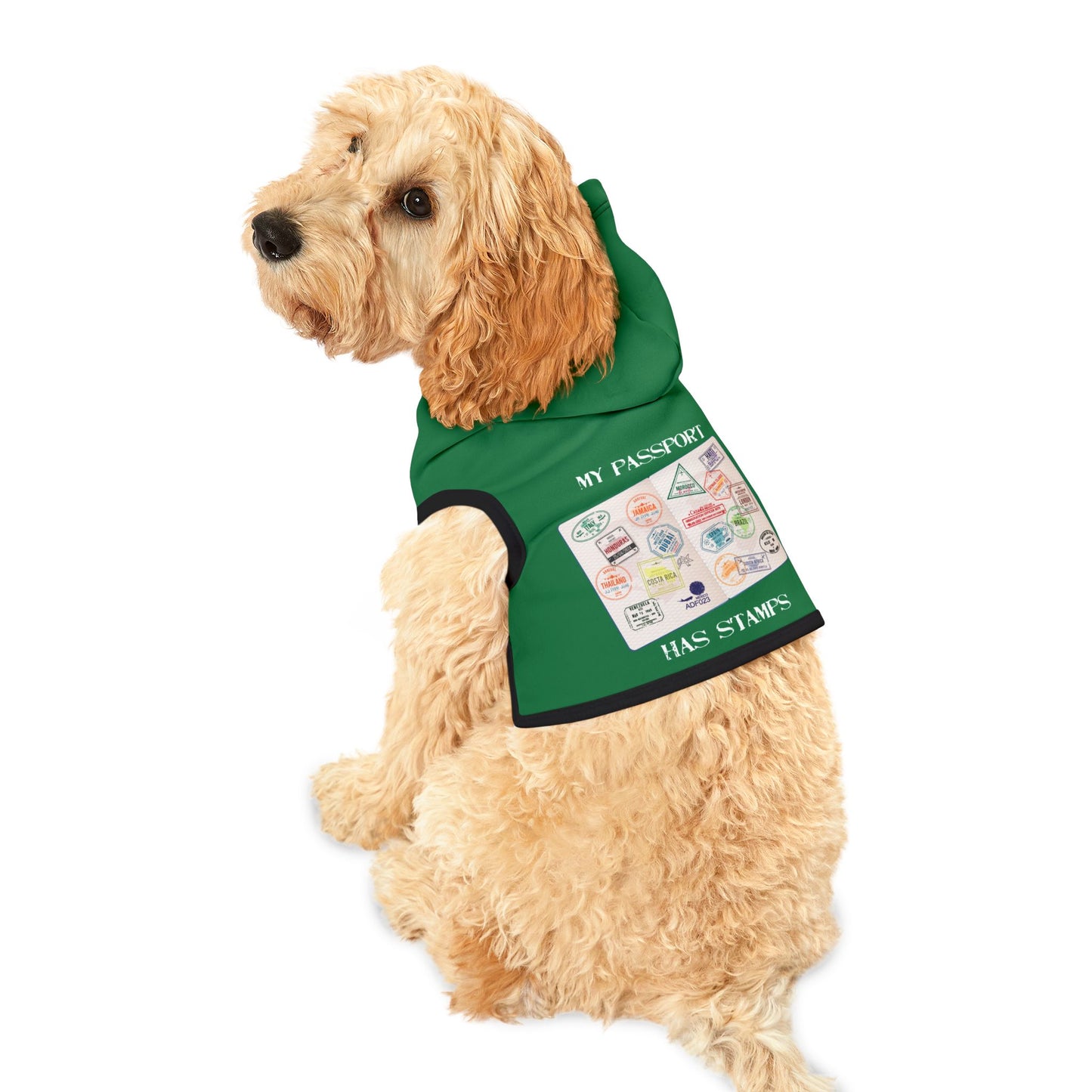 Travel-Themed Pet Hoodie GREEN - 'My Passport Has Stamps'