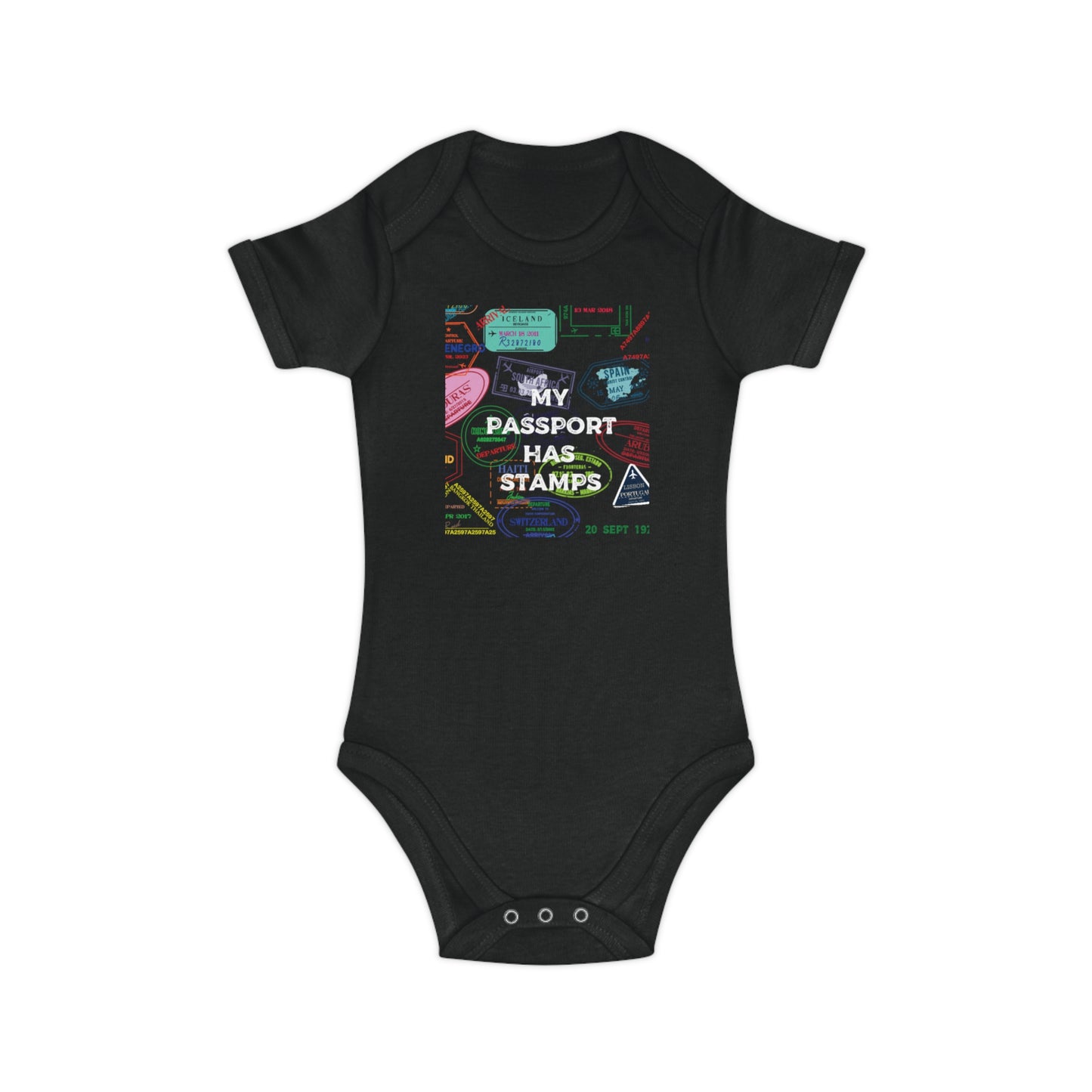 Travel-Themed Baby Bodysuit - "My Passport Has Stamps"