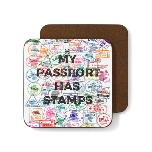 Travel-Themed Hardboard Coaster - "My Passport Has Stamps"