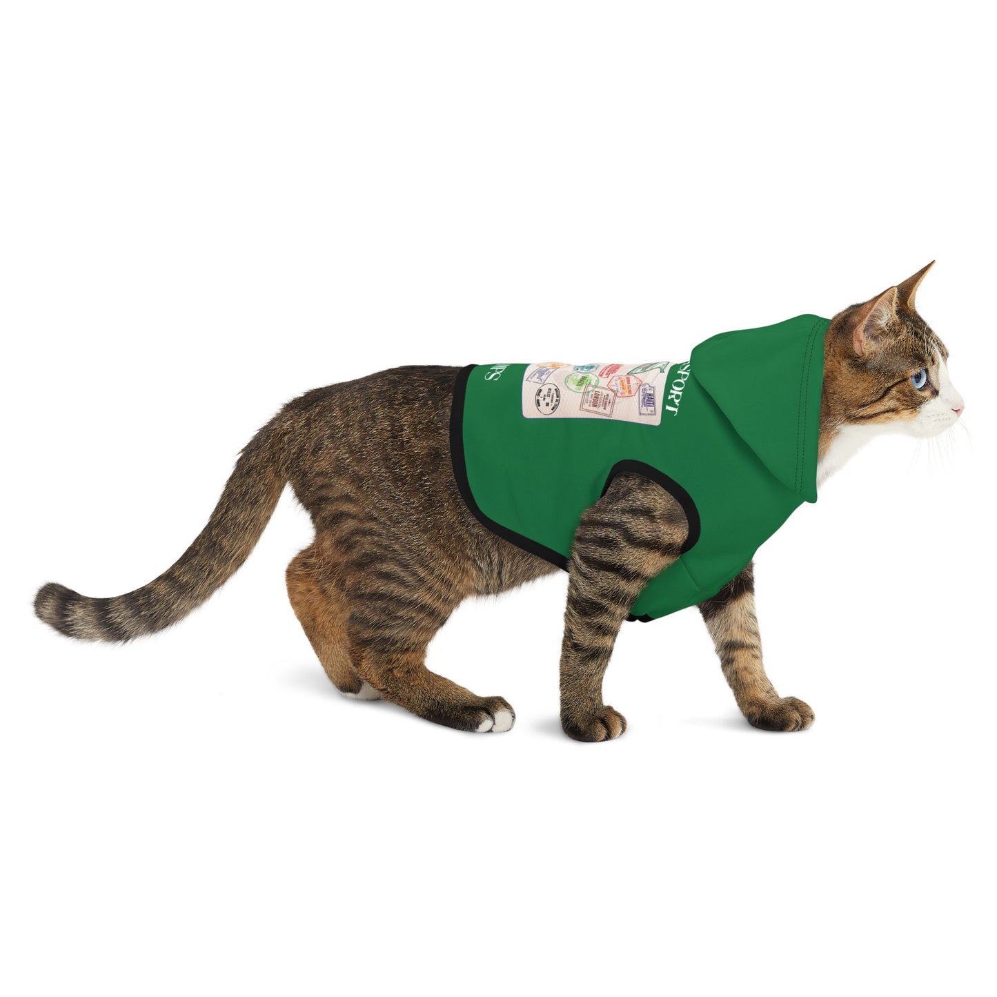 Travel-Themed Pet Hoodie GREEN - 'My Passport Has Stamps'