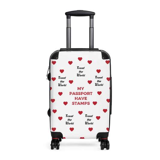 Valentines Day Edition Travel Themed Suitcase with Heart Design - 'My Passport Has Stamps'