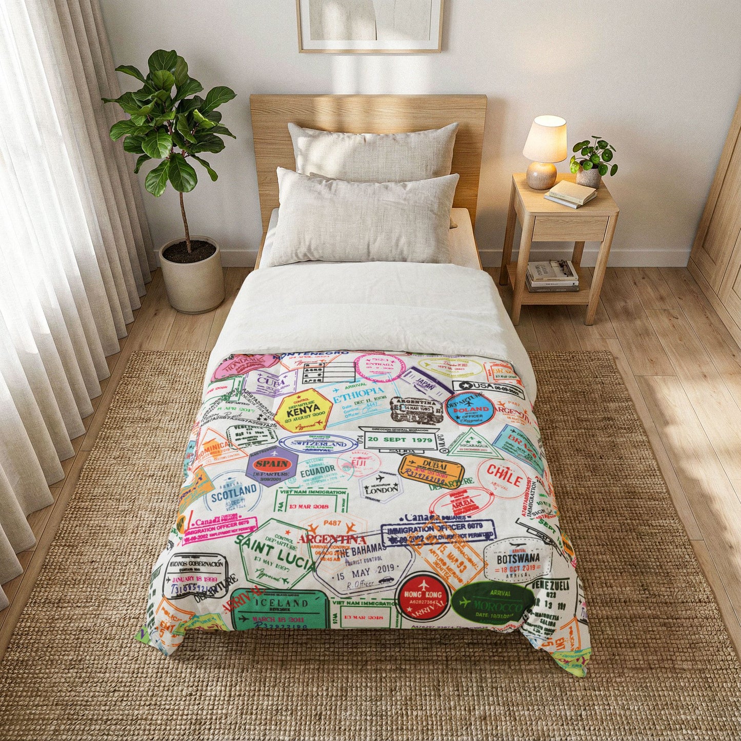 Passport Stamp Pattern Comforter | Travel Collage Bedding