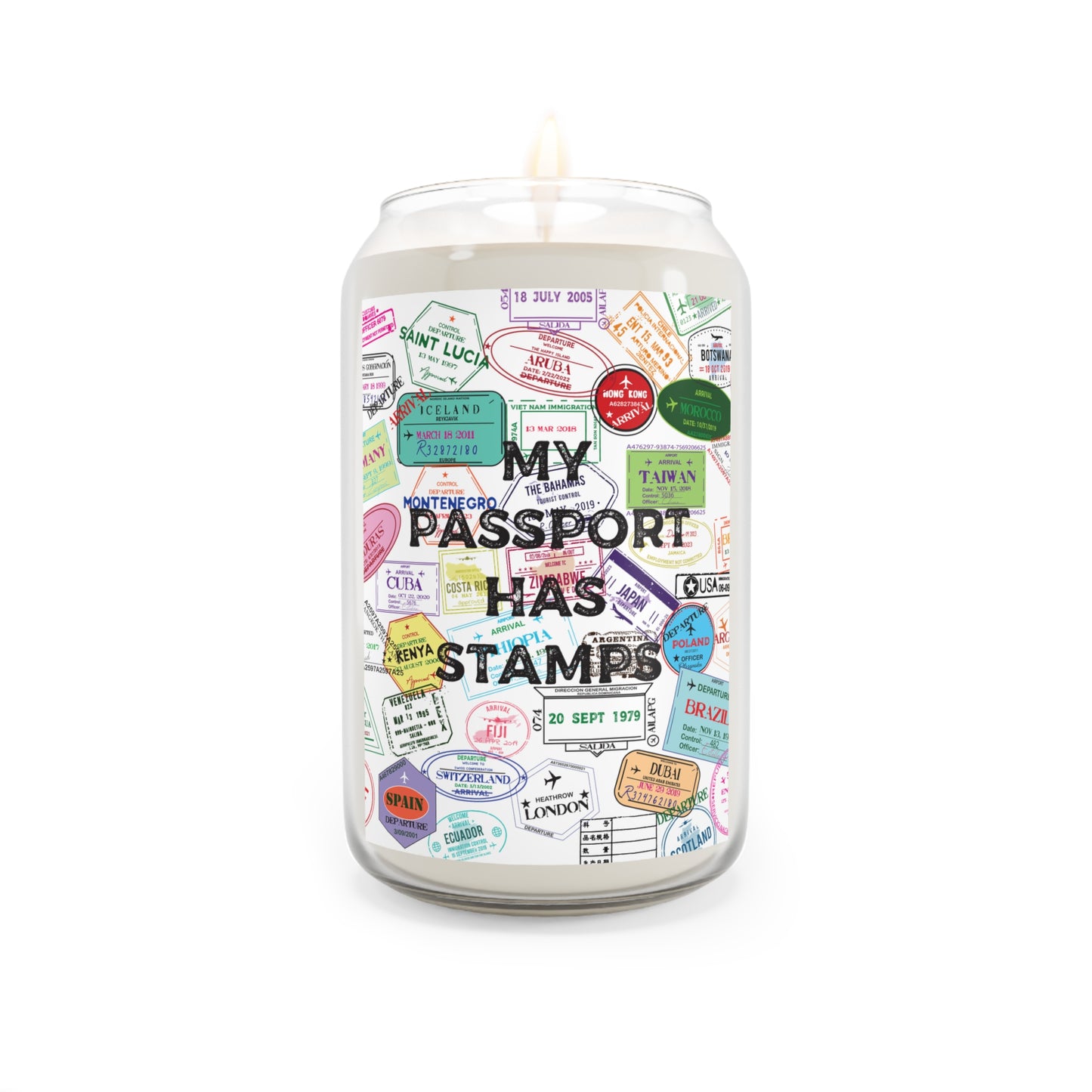 Travel-Themed Scented Candle - "My Passport Has Stamps" - 13.75oz