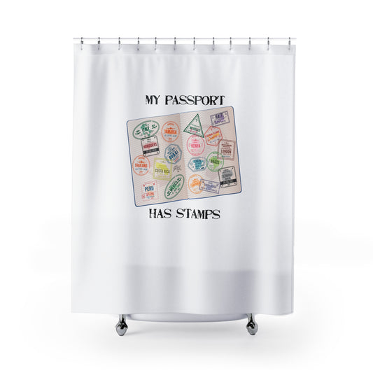 Travel-Themed Shower Curtain - 'My Passport Has Stamps' Design