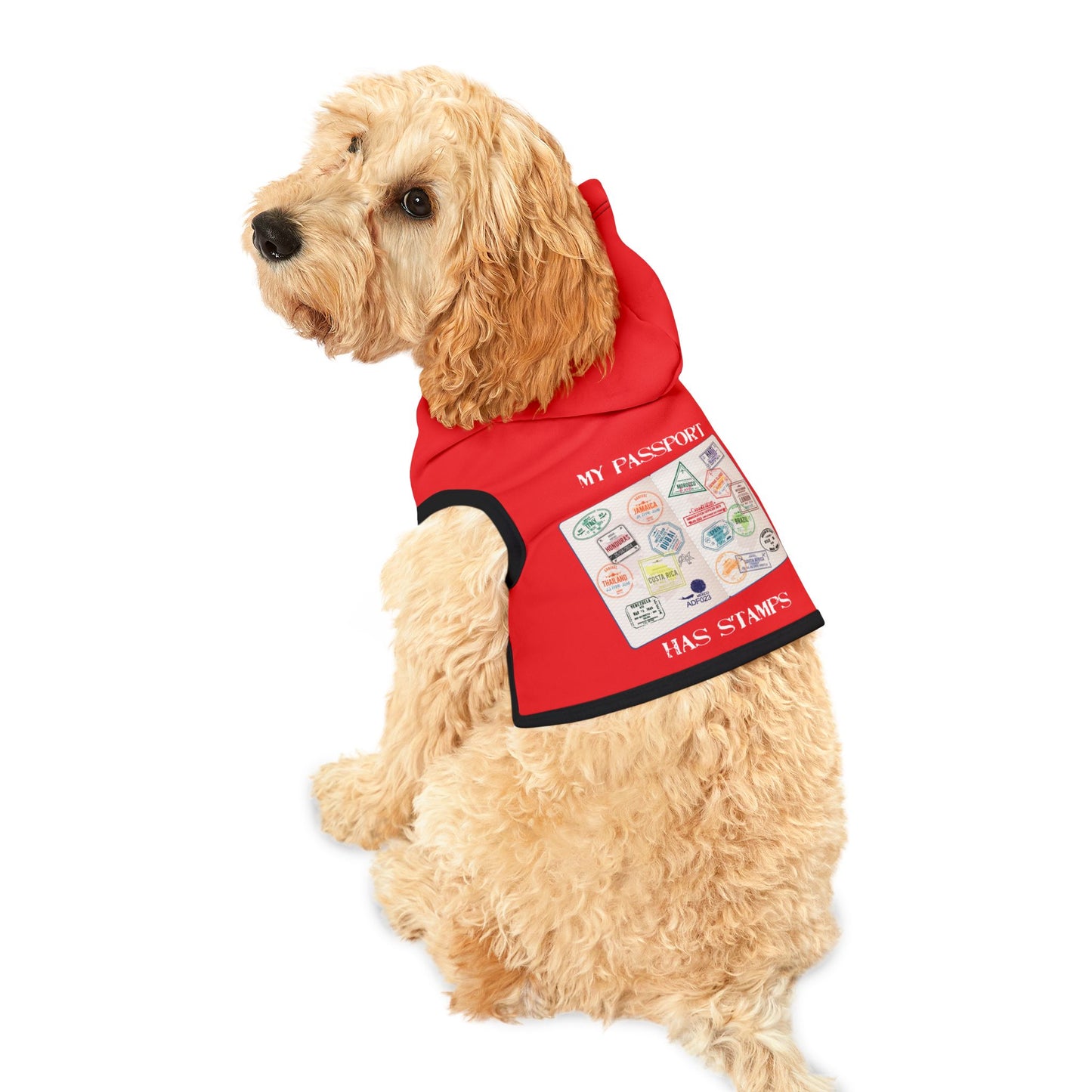 Travel-Themed Pet Hoodie RED - 'My Passport Has Stamps'