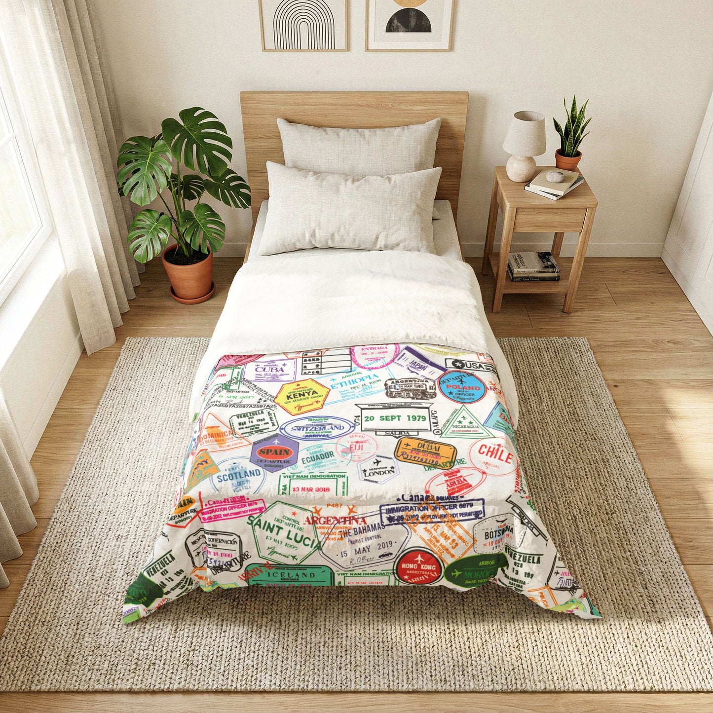 Passport Stamp Pattern Comforter | Travel Collage Bedding