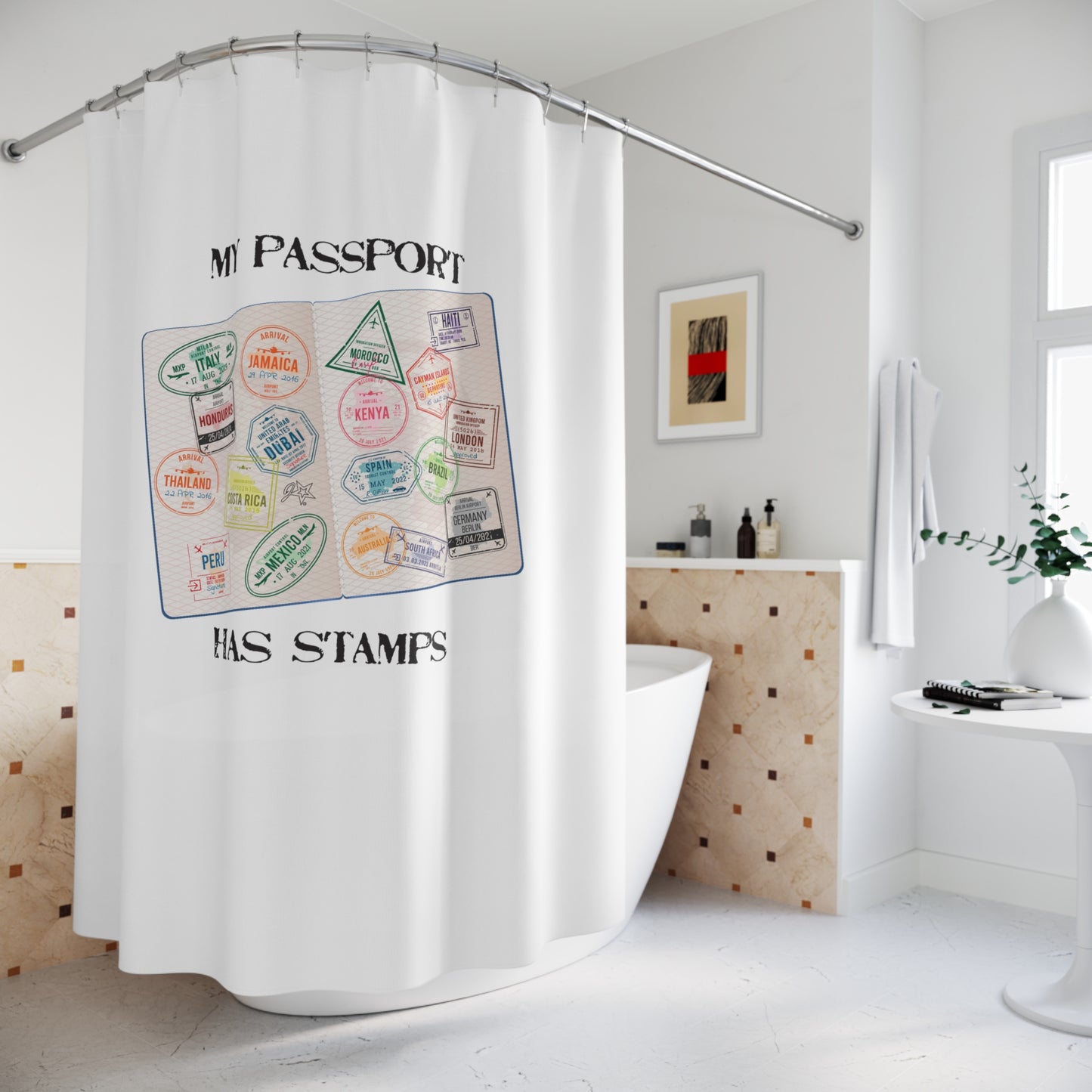 Travel-Themed Shower Curtain - 'My Passport Has Stamps' Design