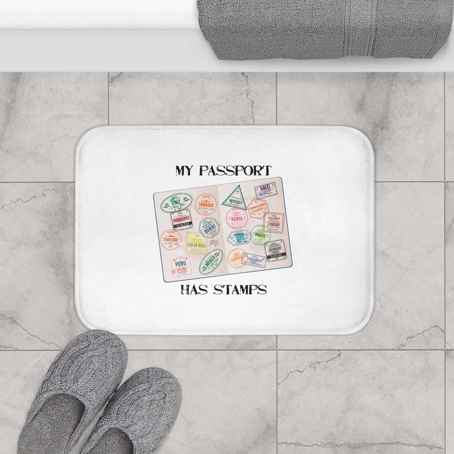 Travel-Inspired Bath Mat - 'My Passport Has Stamps'