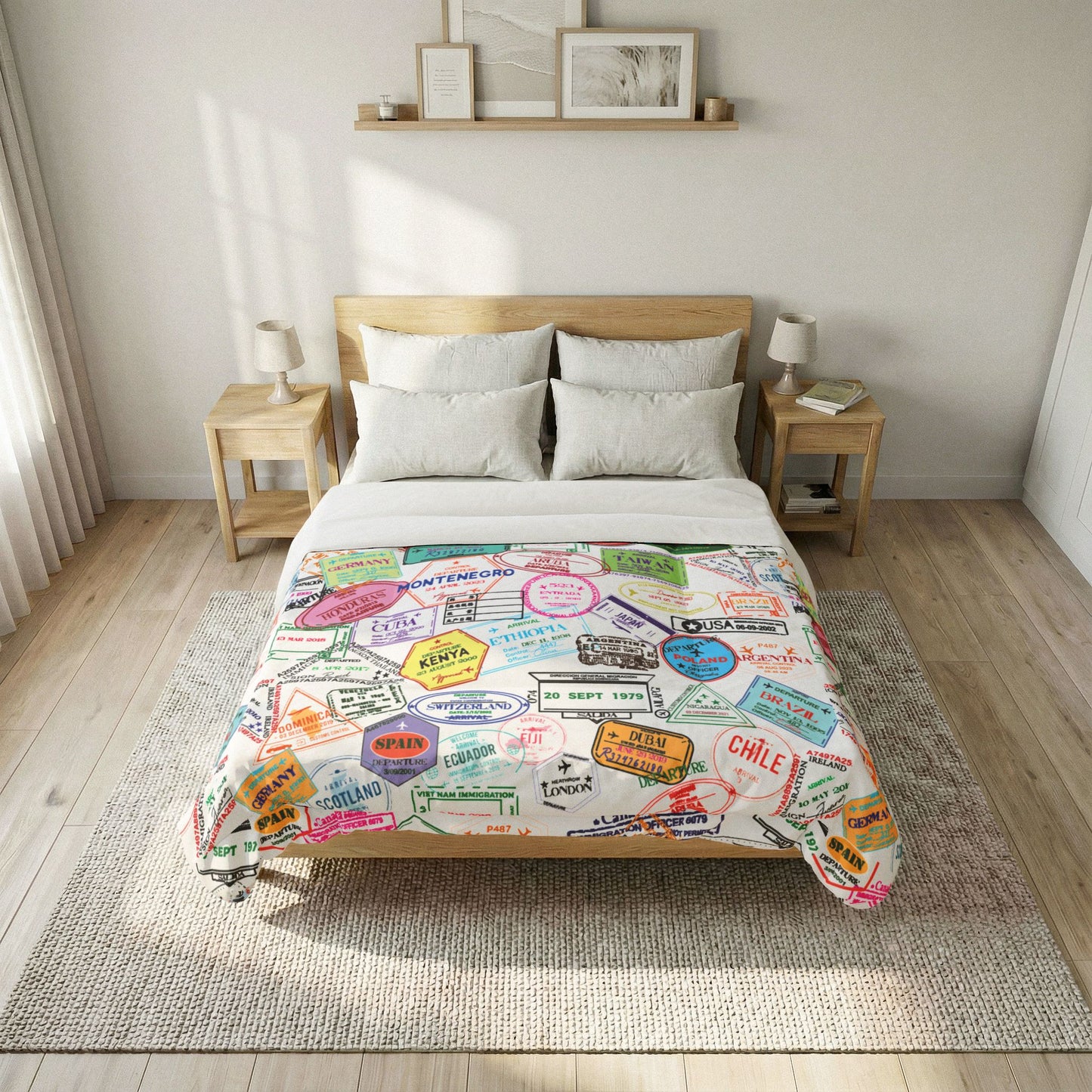 Passport Stamp Pattern Comforter | Travel Collage Bedding